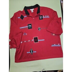 Alfred Dunner Red Embroidered Quarter Zip Collared Long Sleeve Top Women L